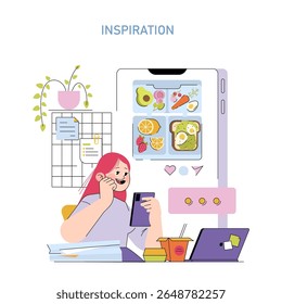 Woman smiling while looking at meal ideas on her tablet. Concept of digital inspiration for healthy eating. Includes food images, plants, and digital devices.