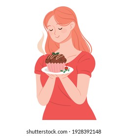 A woman smiling while smelling freshly baked muffins. Fresh bakery food vector illustrations.