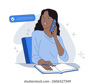 Woman smiling while speaking on phone and writing in notebook, minimalist line art style, on white background, concept of productivity and multitasking. Vector illustration