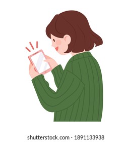 A woman smiling while using a smartphone. Cellphone use vector illustration.