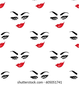 Woman smirk vector emoticons, emoji, smiley icons, characters. Fashion illustrated women's emotional faces seamless pattern.