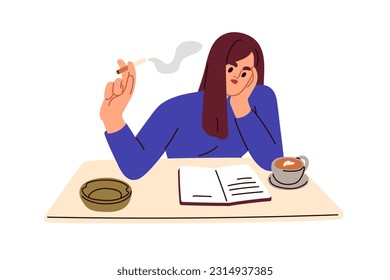 Woman smoker, reading book, smoking cigarette. Nicotine-addicted girl relaxing with coffee cup, ashtray and tobacco at leisure in morning. Flat vector illustration isolated on white background