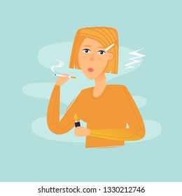 Woman smokes, bad habit, health. Flat design vector illustration.