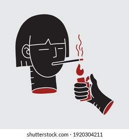 A woman smokes a cigarette and a hand lit the fire to burn it.