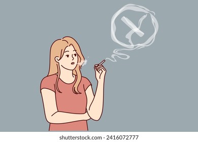 Woman smokes cigarettes, releasing smoke into lungs and risks getting cancer due to bad habit. Girl smokes tobacco and nicotine, which negatively affects health or undermines human immunity.