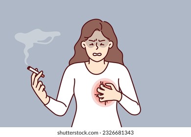 Woman smokes with heart condition needs give up cigarettes and tobacco to avoid dying from cancer. Sick girl feels severe pain in chest due to long-term smoking of nicotine cigarettes.