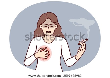Woman smokes with heart condition needs give up cigarettes and tobacco to avoid dying from cancer. Sick girl feels severe pain in chest due to long-term smoking of nicotine cigarettes.