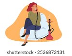 Woman smokes hookah, sits on pad in bar and relaxes after work, enjoying idleness. Girl smokes hookah with tobacco and fruit additives, becoming addicted to turkish substitute for cigarettes