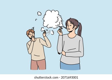 Mujer fumando cigarrillo efecto hombre transeúnte caminando cerca. Tos de fumador pasivo masculino debido a la hembra con tabaco. Mala costumbre malsana, concepto de contaminación del aire. Ilustración vectorial plana. 