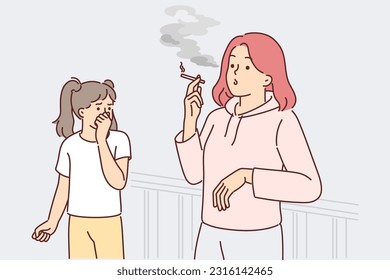 Woman smoking cigarette making daughter passive smoker and causing child suffering from nicotine and tobacco smoke. Problem of passive smoking in children associated with negligence of parents