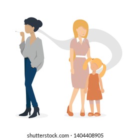 woman smoking a cigarette. mother and baby are standing nearly. flat vector illustration.