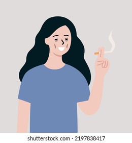 Woman smoking a cigarette portrait. Health problem, Negative Lifestyle, Addiction, Unhealthy bad habit, air pollution concepts. Flat cartoon character design vector illustrations.