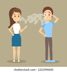 Woman smoking a cigarette in public place. Air pollution and passive smoking. Stressed man cannot breathe. Bad tobacco addiction. Flat vector illustration