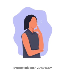 Woman smoking cigarette simple flat vector character illustration.