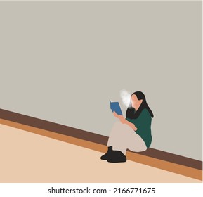  Woman smoking cigarettes outdoors read a book on street. Vector illustration in cartoon style