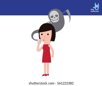 Woman smoking and The devil is in the smoke.Vector cartoon character icon design.Unhealthy concept.