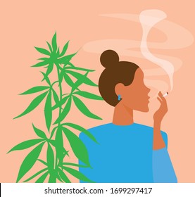 Woman smoking medical cannabis for relaxation and anxiety vector illustration. Cannabis culture and lifestyle.