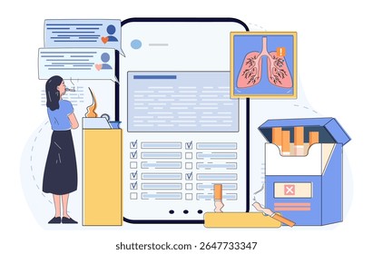 Mulher fumando perto de smartphone com aplicativo de saúde, diagrama de pulmões e cigarros em fundo abstrato. Conceito de riscos de tabagismo e sensibilização para a saúde. Ilustração vetorial