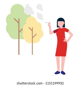 Woman smoking near trees isolated on white background vector illustration. Woman in red dress smokes cigarette flat style design. Concept of smoking women and bad habits