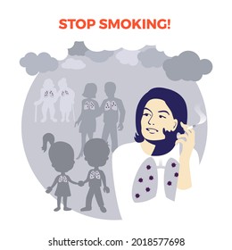 Woman smoking in public place. Secondhand smoke. Illness risk. Stop smoking. World no tobacco day. Air pollution. Infographic. Vector illustration. Healthcare poster, placard or banner template.