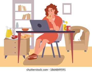 Batidos de mujeres en el lugar de trabajo. Problemas de trabajo remotos. Muchacha comiendo mientras trabaja en la computadora. Estilo de vida, concepto de carrera empresarial. Ilustración vectorial plana aislada.