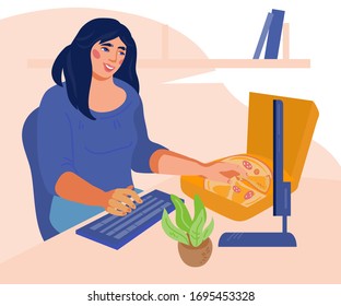 Woman Snacks In The Workplace. Young Girl Eating While Working At Computer. Lifestyle, Lunch Break For Food And Business Rush Concept. Flat Vector Illustration Isolated. 