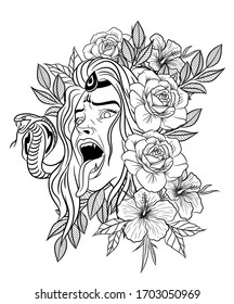 Woman with snake graphic drawing design.