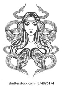 Woman with snakes. Tattoo art, coloring books. Hand drawn vector illustration Isolated on white background.