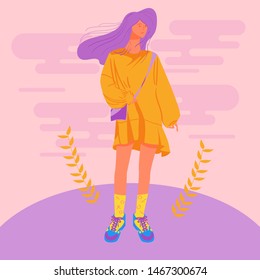 Woman with sneakers standing on ground and do pose. Vector illustration for web, t-shirt, print, ui, and more purposes. Flat Design and Hand Drawn.