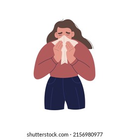 Woman sneezes and blows his nose into a handkerchief. Sick girl suffers from allergies or a cold. Hand drawn color vector illustration isolated on white background. Modern flat cartoon style.
