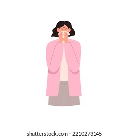 Woman sneezes, covering the nose with a handkerchief and suffering from allergies to food or pollen. Flat vector illustration