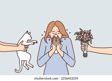 Woman sneezes or experiences rheum covering nose with tissue due to allergic reaction to cat or flowers. Sick girl needs medicine that protects against allergies to pets and plants