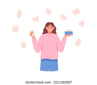 Woman sneezes and hold napkin and facial tissue holder, used napkins fall from above. Woman suffering from allergies to food or pollen. Flat vector illustration
