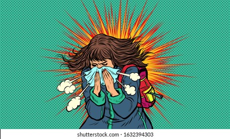 Woman sneezes, symptoms of the disease. Novel Wuhan coronavirus 2019-nCoV epidemic outbreak. Pop art retro vector illustration 50s 60s style