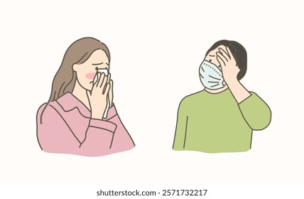 Woman sneezing with cold flu. Person wearing mask. Hand drawn style vector design illustration.