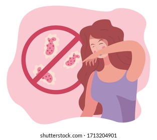 Woman sneezing and coronavirus bacterium inside forbidden symbol design of covid 19 virus 2019 ncov cov infection corona epidemic disease symptoms and medical theme Vector illustration
