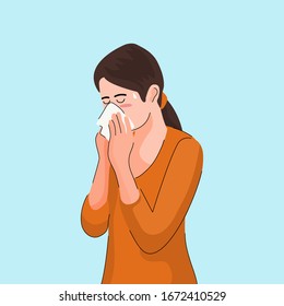 A Woman Is Sneezing And Covering Her Nose Or Mouth With A Tissue