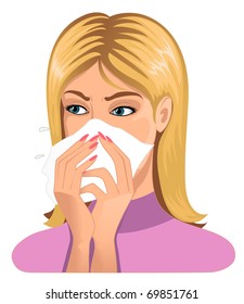 Woman sneezing in handkerchief, isolated on white, vector image