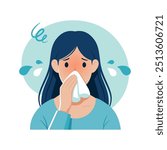 A woman sneezing in handkerchief. Sick young woman suffers from a runny nose. Flu, cold concept. Season allergy. Flat vector illustration isolated on white background.