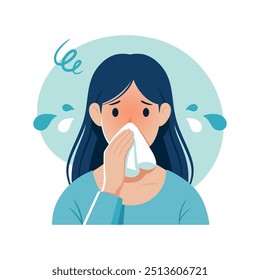 A woman sneezing in handkerchief. Sick young woman suffers from a runny nose. Flu, cold concept. Season allergy. Flat vector illustration isolated on white background.