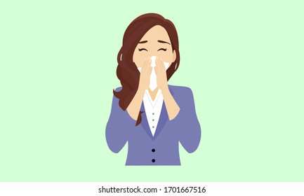  A woman  sneezing in handkerchief. With symptoms similar to fever. Illness ,disease symptoms  concept.