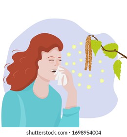 The woman is sneezing. Reaction to pollen, seasonal allergies, polynosis. Vector illustration