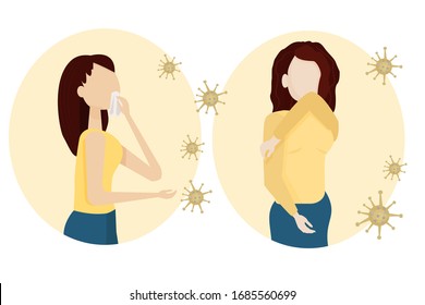 Woman sneezing in right way in tissue and in elbow in vector design. Graphic concept illustration covid, infection, viruses, allergy. Hygiene for safety