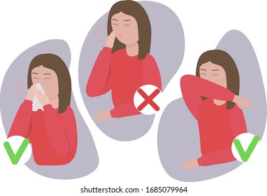 Woman sneezing in a scarf and/or elbow. How to sneeze right and wrong Infographic. Virus spread prevention. Flat vector illustration.