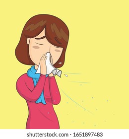 Woman with sneezing with spray and small drops Comic, Cartoon. Health concept. Vector illustration.