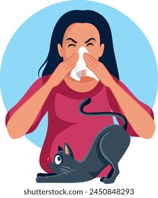 
Mujer estornudando Sufriendo de alergia al gato Vector ilustración de dibujos animados. Paciente sensible infeliz frente al alérgeno desencadenante 
