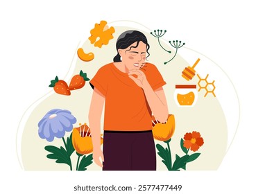 Woman sneezing surrounded by flowers, honey, and fruits on a light background. Concept of seasonal allergies and natural remedies. Vector illustration