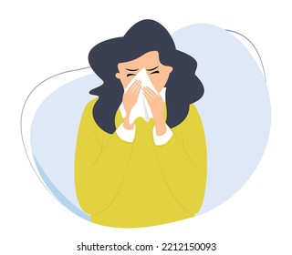 Woman Sneezing Vector Illustration. Illustration Of Covering Nose With Tissue. Flu