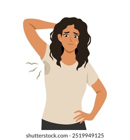 Woman sniffing and smelling her bad smell wet armpit. Flat Vector Character illustration