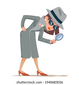 Woman snoop detective magnifying glass tec search help noir cartoon female cartoon character design isolated vector illustration